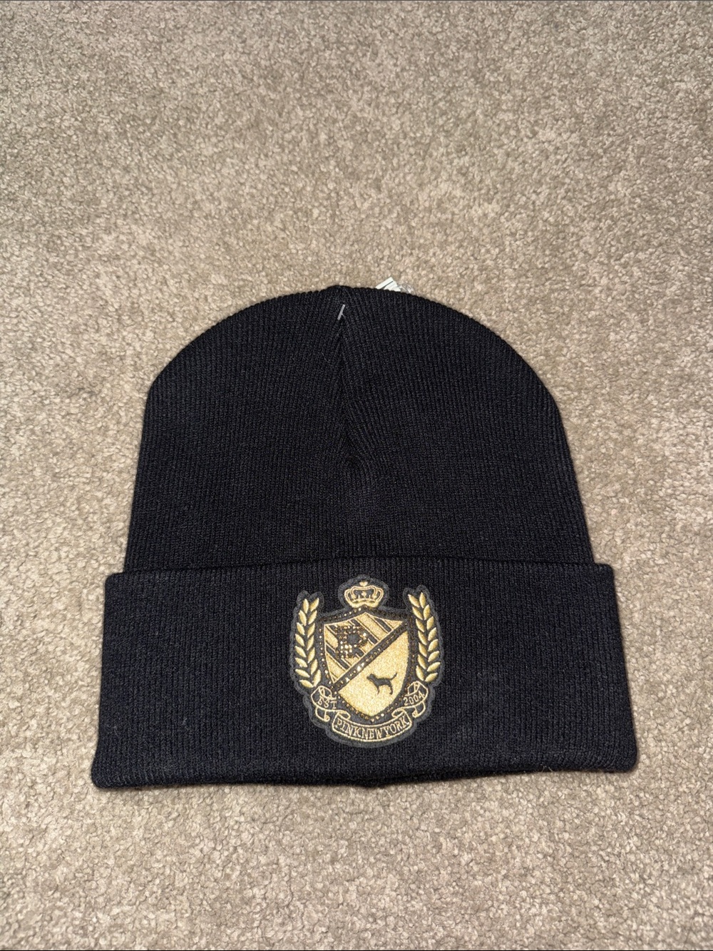 PINK Victoria's Secret Black Beanie with Gold Crest